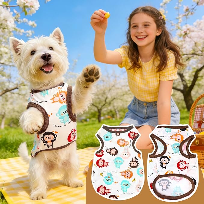 PETCARE Cartoon Dog Shirts for Small Dogs Cute Dog Clothes Brown Monkey Tshirt Soft Cotton Puppy Pajamas Breathable Sleeveless Pet Tank Top Spring Summer Dogs Clothes for Chihuahua Yorkie Shih Tzu