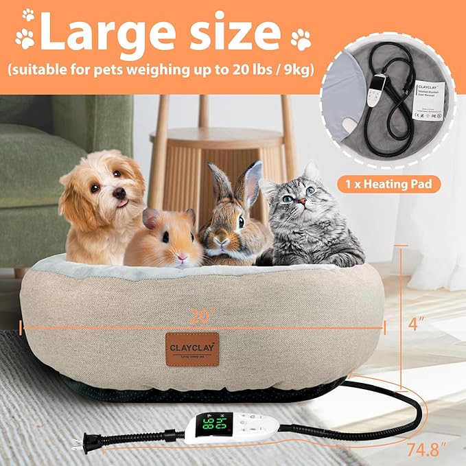 CLAYCLAY Heated Cat Bed, Round Heated Pet Bed for Indoor Cats, 20" Cozy with Timer & Temperature Adjustable, Non-Slip Bottom, Removable, Washable, Waterproof with Pet Heating Pad