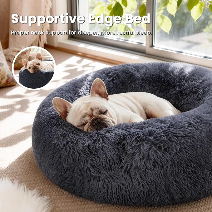 Love's cabin Calming Cat Bed for Indoor Cats, Anti-Anxiety Donut Round Dog Bed, Fluffy Faux Fur Washable Pet Bed for Small Medium Dogs and Cats, Bluish Grey, 20in
