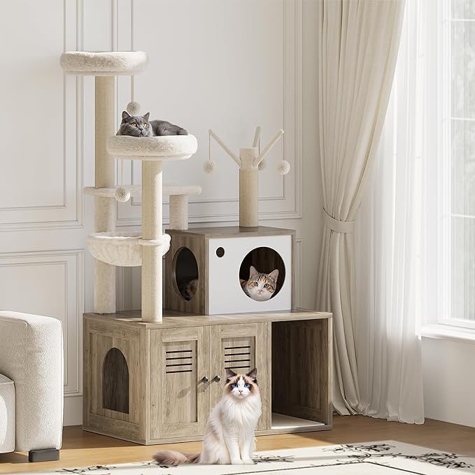 Modern Wooden Cat Tower with Hidden Litter Box Enclosure, Multi-Level Cat Condo, Scratching Posts, Cozy Hanging Basket & Toy, Durable Cat Tree Furniture for Indoor Cats, Smoke