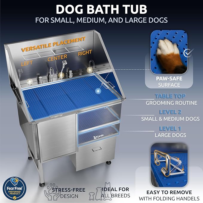 KANIS Professional Dog Washing Station 304 Stainless Steel Pet Wash Sink & Grooming Bathtub w/Shower, Floor Grates and Storage for Large, Medium & Small Pets (Silver, 40 Inches, Left Ramp, 1 Drawer)