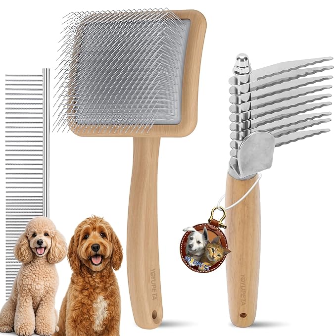 Dog Slicker Brush for Goldendoodles & Poodles - 3-in-1 Dematting Kit with Long Pin Slicker Brush & Dematting Comb - Deep Grooming Tool for Long Haired, Curly Coats, Wooden Handle, Natural