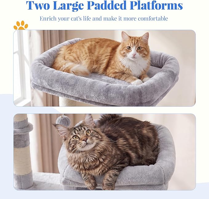 Hey-brother Cat Tree, 74 inches Multi-Level XL Large Cat Tower for Indoor Cats with Three Cat Condos, Two Large Top Decks and Cat Hairbrushfor Kittens, Cats and Pets, Light Gray MPJ035-MW