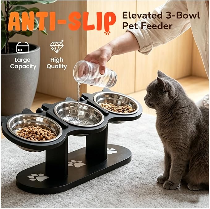 2026 New Anti-Slip Elevated 3-Bowl Pet Feeder, Cat Bowls With Stand Tilted, Stainlesssteel Cat Feeding Station, Ergonomic Elevated Cats Bowls With Wooden Base, Pet Feeding Station For Food & Water (E)