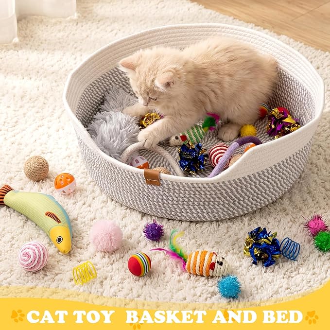 Leitee Sunmmer Cat Bed Storage Basket with 40 Pcs Cat Variety Toys Pack Set Includes Pillows, Spring Toy, Fish, Chew Rope and Balls for Kitten Kitty Swat Hunt Interactive Pet(White,Grey)