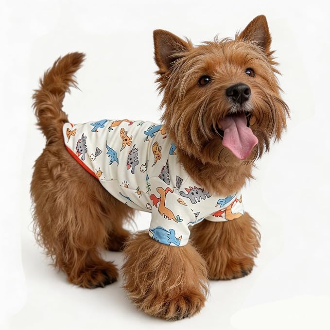 Cute Dog Shirt, Stretchy Dino Doggie T-Shirt Clothes for Small Dogs, Soft Pet Tee Outfit Cat Apparel for Daily Wear, Cozy Pullover Design Puppy Apperal (Dino Cartoon, Medium Size for 5.5-8.5lb Pets)