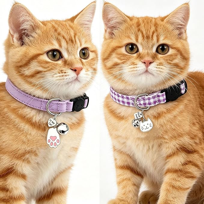 2 Pack Cotton Breakaway Cat Collars with Bell and Charms Purple Solid Plaid Safety Collars for Girl Boy Cats, Cat Head and Paw Pendant Cute Kitten Collars