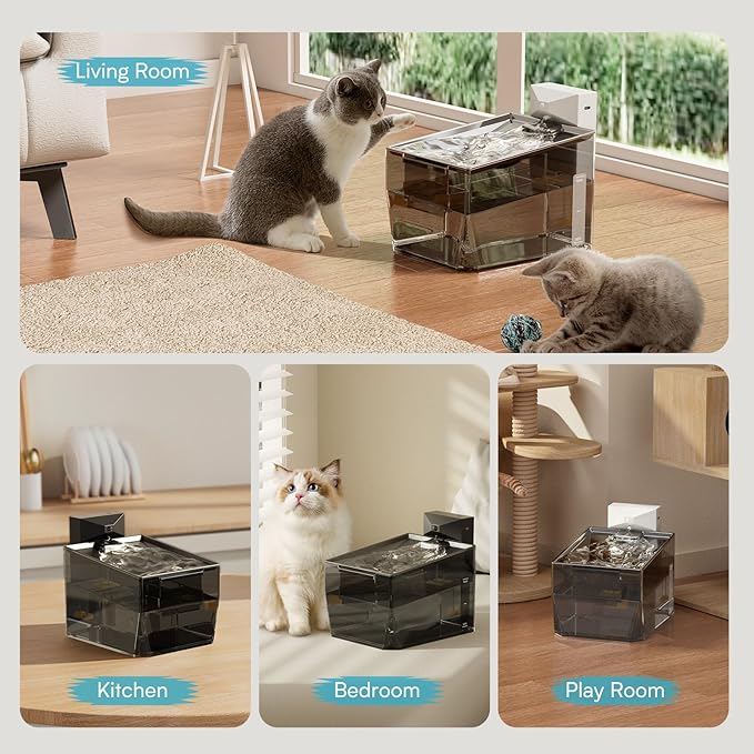 Cat Stainless Steel Water Fountain for Cats Inside,Wireless Pet Water Fountain,2.2L/74oz Automatic Cat Fountains for Drinking with Wireless,Easy Cleaning Black
