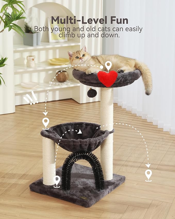 Simple Deluxe 27.8" Small Cat Tree Tower for Indoor Cats, Multi-Level Cute Cat Tree with Scratching Post| Plush Hammock| Perch| Replaceable Cover| Groomer Brush| Dangling Ball for Kittens Play & Rest