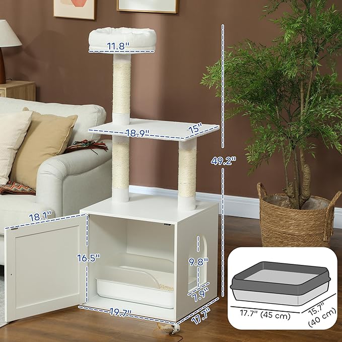 PawHut Cat Tree with Litter Box Enclosure, 2-in-1 Cat Tower with Bed, Climbing Platforms, Scratching Posts, Modern Pet Furniture for Indoor Kittens, White