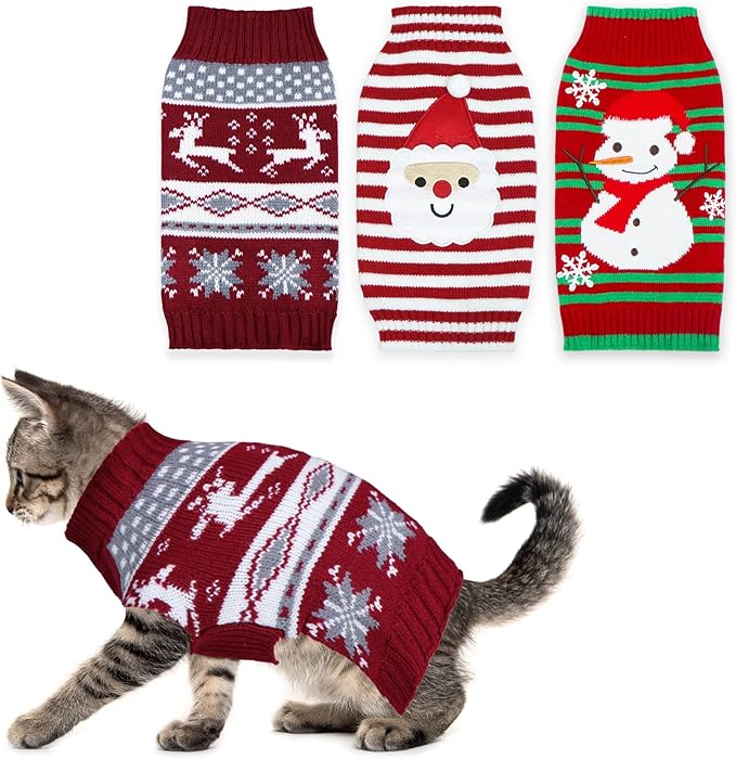 GOYOSWA 3 Pack Cat Christmas Sweater, Knit Pet Cat Sweaters Warm Coat Clothes Santa Reindeer Snowman Christmas Sweater Outfit for Cats Kitten Puppy XS