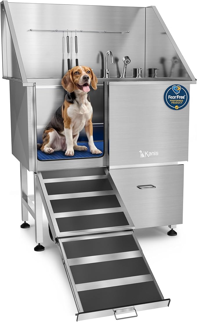 KANIS Professional Dog Washing Station 304 Stainless Steel Pet Wash Sink & Grooming Bathtub w/Shower, Floor Grates and Storage for Large, Medium & Small Pets (Silver, 40 Inches, Left Ramp, 1 Drawer)