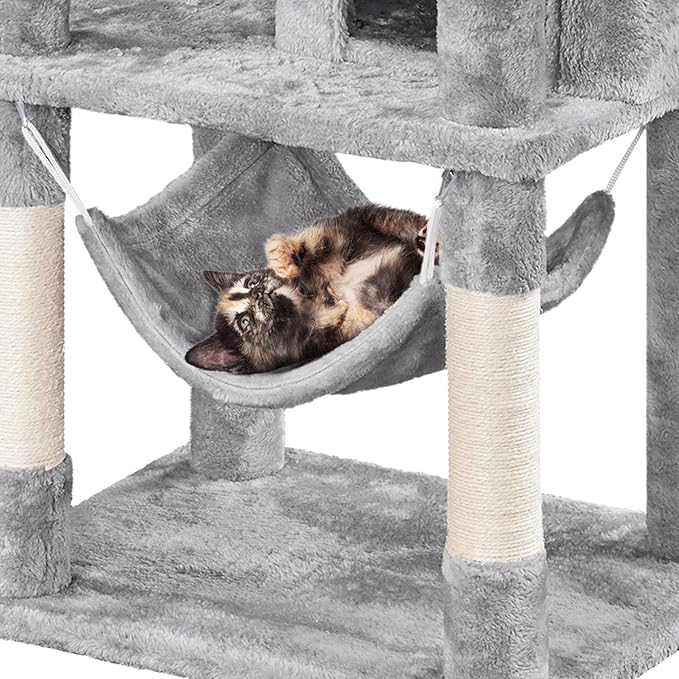 Topeakmart Cat Tree, 67in H Cat Tower for Indoor Cats, Multi-Level Cat Condo with Sscratching Posts & Soft Hammock & Large Basket & Fur Ball Sticks, Light Gray