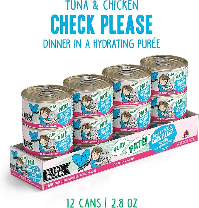 Weruva B.F.F. Play - Best Feline Friend Paté Lovers, Aw Yeah!, Tuna & Chicken Check Please! with Tuna & Chicken, 2.8oz Can (Pack of 12)