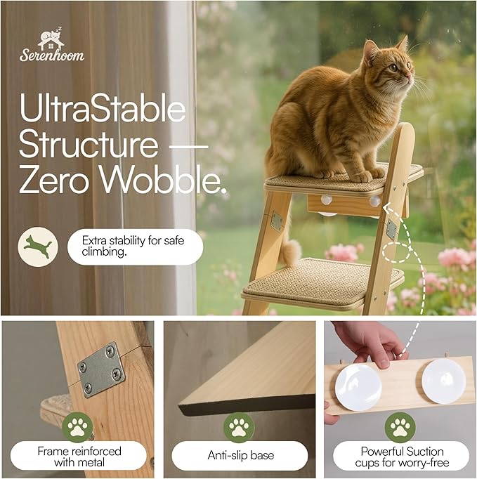 65" Tall 6-Level Cat Ladder for Window & wall | Fits Cats up to 20 lbs |Senior & Less Agile cat Stairs for Window with 55° Gentle Incline | Requires 31" Floor Clearance | No-Drill Glass Installation