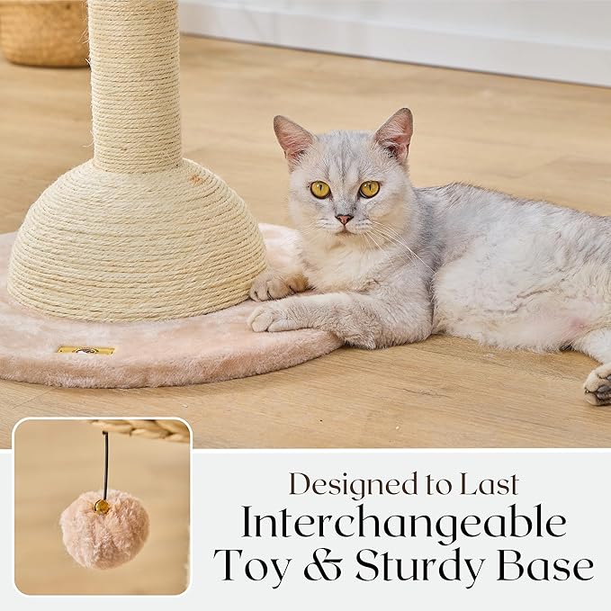 PetPals 2-Level Cat Tree with Handwoven Recycled Paper Rope Baskets, Sisal Scratching Posts, Playful Teaser Toy, Eco-Friendly, Washable Cushion, Cat Furniture (Brown Beige)