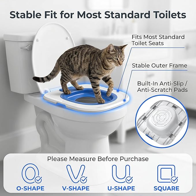 Reusable Cat Toilet Training System,Cat Toilet Trainer with 5 Removable Training Components,Easy Clean ABS Cat Training Seat with Stable Outer Frame,Fits Most Standard Toilet Seats,Blue
