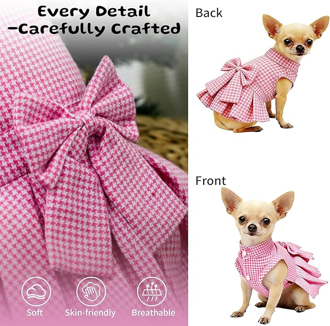 Classic Plaid Dog Dress with Bow Tie for Small Dogs Cats Girls, Cute Puppy Dresses Clothes with Bowknot Chihuahua French Bulldog Pet Apparel Outfits (Strawberry Pink, Large)