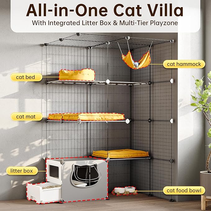 Oneluck Cat Cage with Litter Box, 4-Tier DIY Enclosures Detachable Metal Wire Kennel Catio Indoor Crate Large Exercise Place Ideal for 1-2 Cats