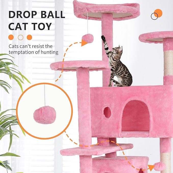 70-inch Pink Multi-Level Cat Tower Kitten Tree & Cat Condo With Plush Padded Perch & Cat Scratching Post, Heavy Duty for Large Cats