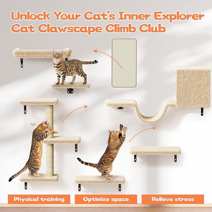 Cat Wall Shelves for Large Cats, Stable & Safe Kitty Walls Furniture Set for 40LBS Cats with Wooden Cat Climber,House, Bridge, Tree, Steps, and Scratcher for 16 Inch Drywall (Beige, 5-in-1)