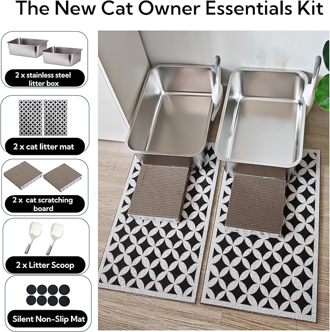 2 pack Stainless Steel Cat Litter Box with High Sides - Metal Cat Pan, Large Indoor Litter Tray, Never Absorbs Odor, Pet Toilet Supplies Smooth Surface for Kitten, Kitty, Rabbit 17.5"13.5"x6"
