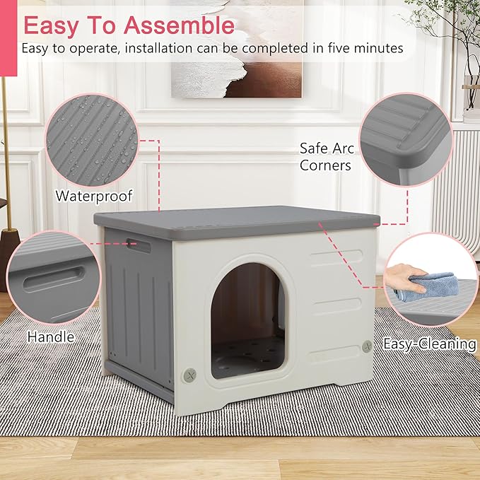 Plastic Cat House for Outdoor Indoor, Waterproof Outdoor Cat House with Escape Door for Feral Cats Outside Cat Shelter for Small Pet, Spacious, Assemble Easily -Grey Basic Style