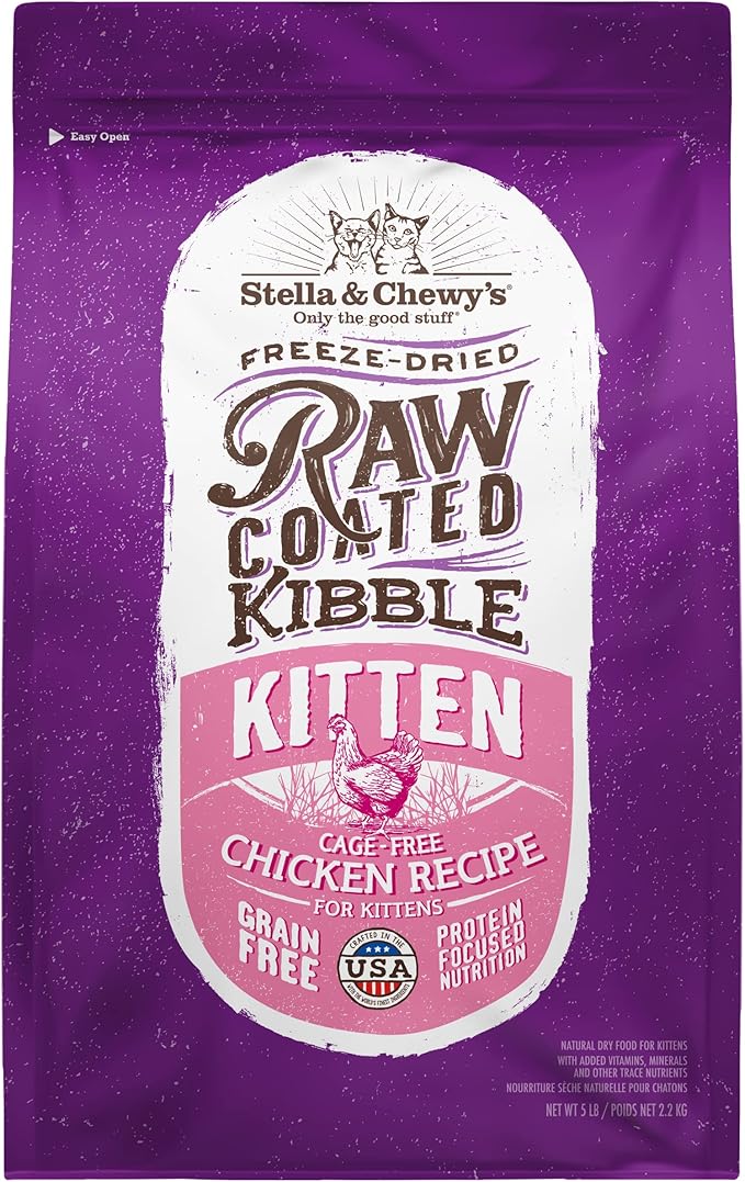 Stella & Chewy's Raw Coated Premium Kibble Cat & Kitten Food – Grain Free, Protein Rich Meals – Cage-Free Chicken for Kittens Recipe – 5 lb. Bag