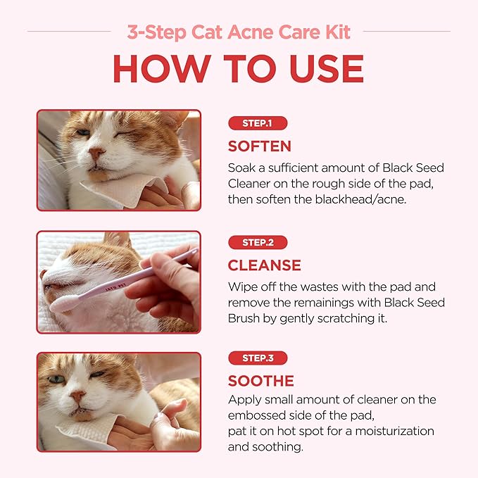 JAYU PET 3-Step Cat Acne Care Kit - Hypoallergenic Cleanser for Feline Acne, Cat Black Chin(1EA) Double-Sided Pads, Cat Acne Chin Wipes(30PCS) Soft Grooming Cat Acne Silicone Brush(1EA)