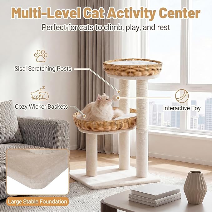 Tangkula Modern Cat Tree, 30 Inch Small Cat Tower with 2 Rattan Cat Baskets, Sisal Scratching Posts, Hanging Ball, 2 Large Nest Cat Beds with Removable & Washable Plush Cushions for Indoor Kittens