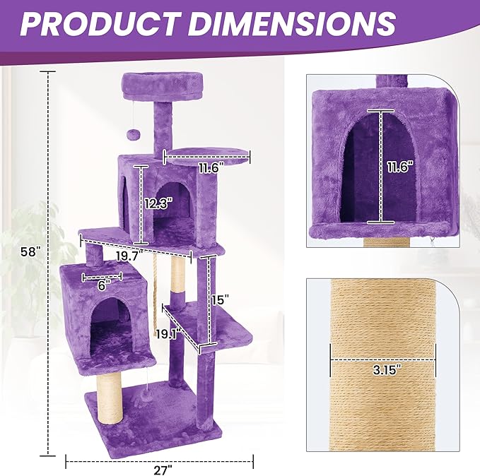 59in Large Cat Tree Tower for Indoor Cats with Soft Plush Hang Ball, Two Condos, Sisal Scratch Posts & Rope Play for Kittens/Adult Cats, Purple