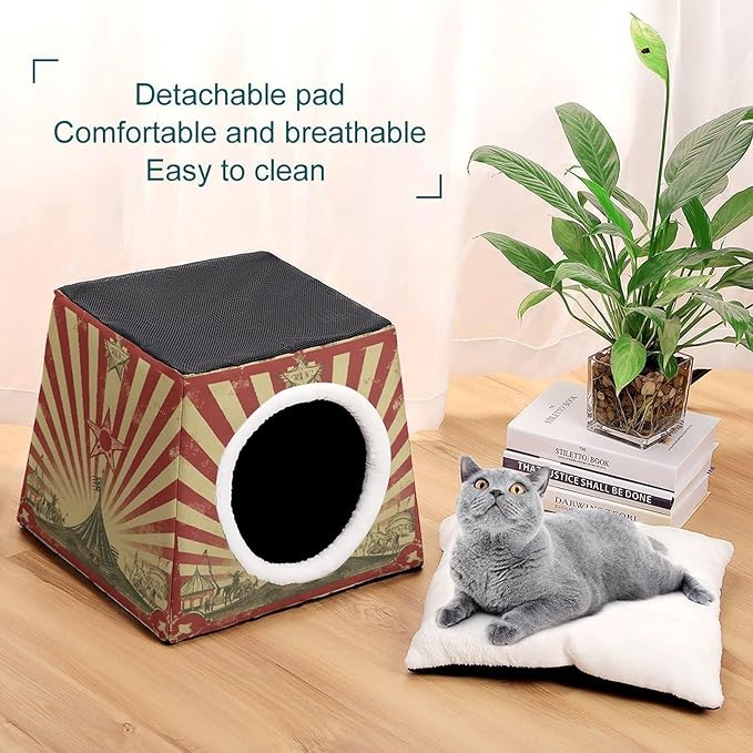 Cat Cave Cat Beds for Indoor Cats Vintage Circus Background Foldable Cat Hideaway with Washable Cushion and Non-Slip Base