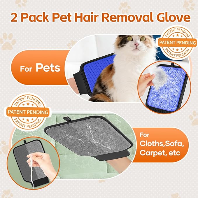 2 Pack Pet Hair Removal Glove, Pet Hair Remover Tool with with Wrist Strap, Gentle Shedding Silicone Brushes for Dogs & Cats, Efficient Pet Hair Gloves for Couch Carpet Clothing