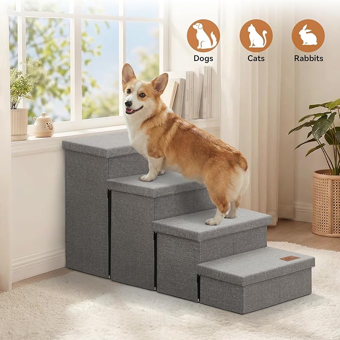 Zerbuger Dog Stairs with Storage 23" H, 4-Step Wider Dog Steps for High Beds Window, Folding Sturdy Pet Stairs Gift for Injured Old Dogs Cats, Ramp for Climbing Car Up to 200 lbs,(Gray, No Condo)