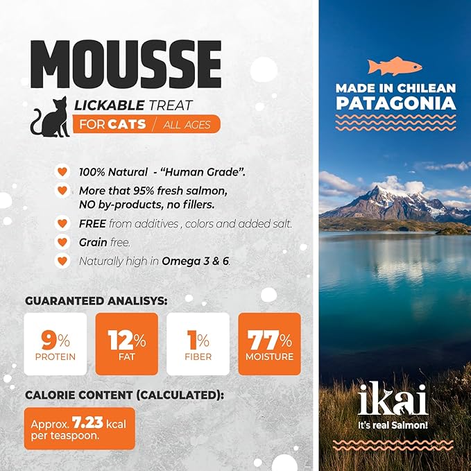 IKAI - Lickable Wet Cat Treats - Patagonian Salmon from Chile, No By-Products, Highly Digestible Protein, with Omega 3 & 6 for Healthy Skin & Glossy Coat - 2.11 oz (16 Pack, Salmon)