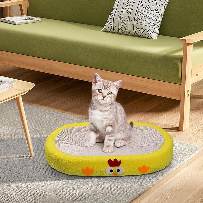 Cat Scratch Pad Bowl Nest Corrugated Cat Lounge Comfortable Claw with Interaction Ball Toy Furniture Protector, Yellow Oval