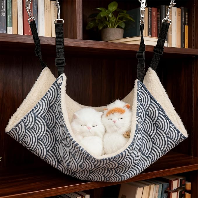 GLOGLOW Cat Bed Reversible Cat Hanging Hammock, Soft Breathable Pet Cage Hammock for Small Dogs Rabbits Bed, Furniture (Blue Stripes with Fleece)