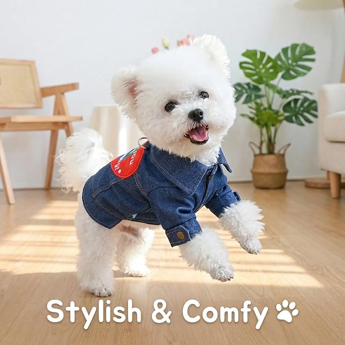 Premium Denim Jacket for Dogs & Cats – Reinforced D-Ring, Embroidered Heart “Thank You for Existing” Patch, Soft Jean Outfit for Small Pets(L)
