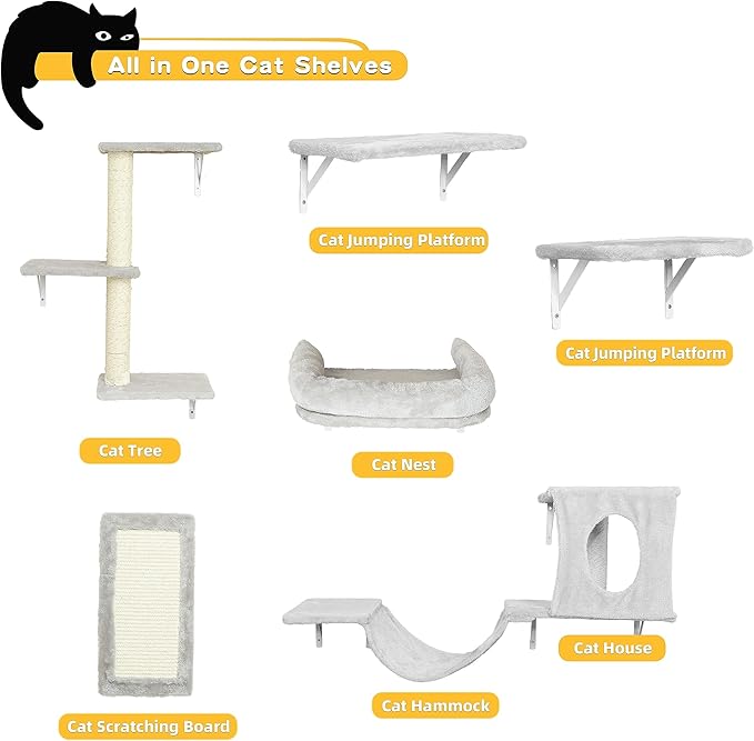 NUNU LAB Wall Mounted Cat Climber Set, 6 Pcs Cat Furniture Set with House, Bridge, Steps, Scratcher Board and Hammock, Shelves for Indoor, Luxury Walls Furniture, Silver Grey