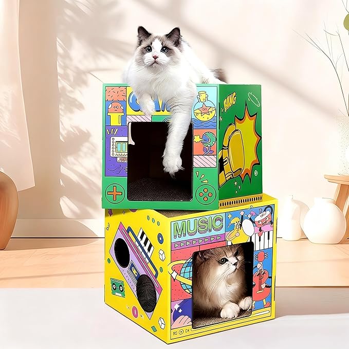 Cardboard Cat House,Scrathing Bed for Cats,Eco-Friendly Pet Furniture,Modern Cat Bed,Hiding Box (Yellow, Large)