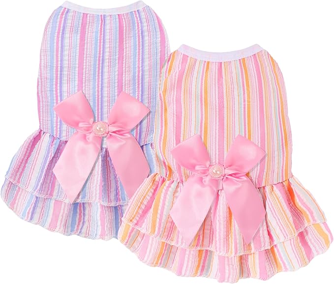 XXS Dog Clothes Girl, 2 Pack Cute Pink & Purple Dog Dress, Dog Dresses for Small Dogs Girl, Breathable & Lightweight Puppy Clothes for Summer Birthday Party