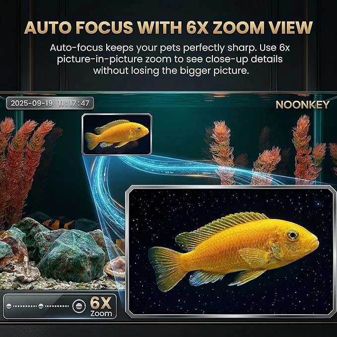 Noonkey 3MP 2K Pet Camera for Aquarium, Reptile & Bird Feeder, No Drill Window Security Camera, 5GHz/2.4GHz WiFi, Color Night Vision, 24/7 Recording, Human Detection & Alarm, 2-Way Audio, Work w/Alexa