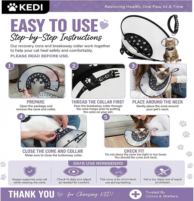 Cat Cone Collar for After Surgery to Stop Licking, Escape-Proof Recovery, Elizabethan E Collar for Cats, Comfortable Cone for Cats (Black, Medium)