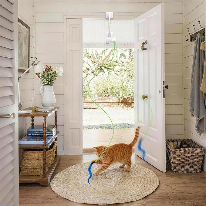 Automatic Hanging Interactive Cat Toy for Indoor Cats,Clip-On Doorway Cat Toy for Bored Adult Cats & Kittens,USB Rechargeable Motion Cat Enrichment Toy for Chase Exercise,Multi-Cat Homes(White)
