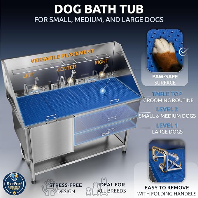 KANIS Professional Dog Washing Station 304 Stainless Steel Pet Wash Sink & Grooming Bathtub w/Shower, Floor Grates and Storage for Large, Medium & Small Pets (Silver, 61 Inches, Left Ramp, Shelf)