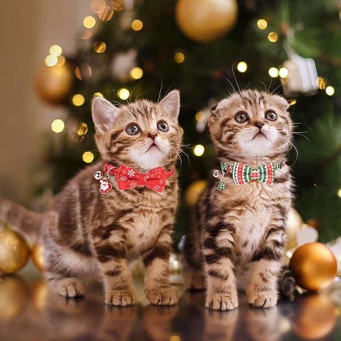 ADOGGYGO Christmas Cat Collar with Bowtie Bell - 2 Pack Red Green Cat Christmas Bowtie Collars