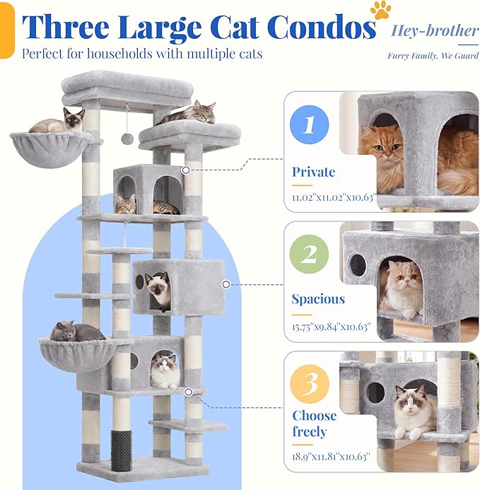 Hey-brother Cat Tree, 74 inches Multi-Level XL Large Cat Tower for Indoor Cats with Three Cat Condos, Two Large Top Decks and Cat Hairbrushfor Kittens, Cats and Pets, Light Gray MPJ035-MW