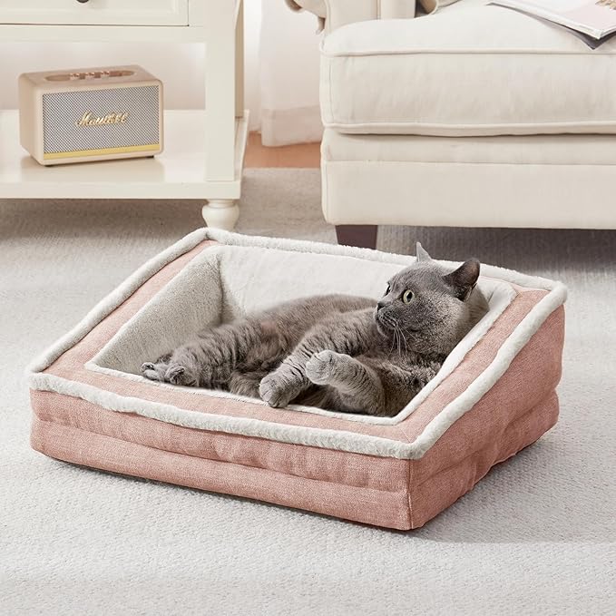 Laojin Balhen Cat Couch for Pets, Washable Cat Beds for Indoor Cats, Super Soft Plush Supportive Dog Couch Bed for Puppy and Kitten with Anti-Slip Bottom, 24inch, Pink