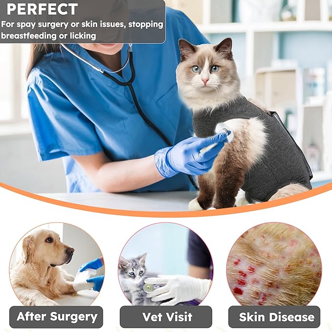 Hpetppy Cat Recovery Suit for Spay Abdominal Wounds, Kitten Onesie Bodysuit for Cats After Surgery, Cat Surgery Recovery Suit Female Cone of Shame Alternative for Cats Anti Licking (Dark Grey M)