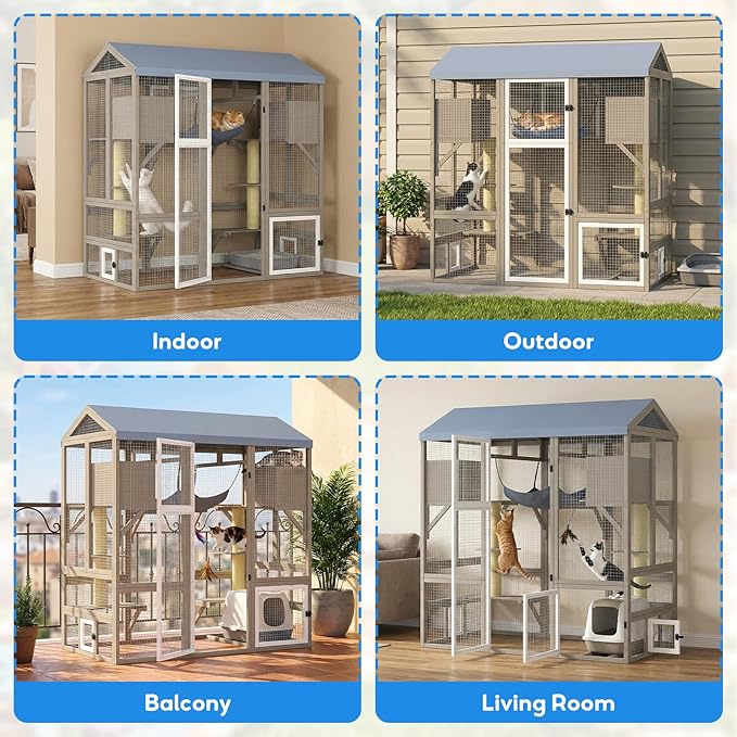 Catio Outdoor Cat Enclosure with Window Access, Large Walk in Cat House Outdoor Kitty Cage with 7 Jumping Platforms, Scratching Posts, Hammock, Slide & Clean Litter Box Access